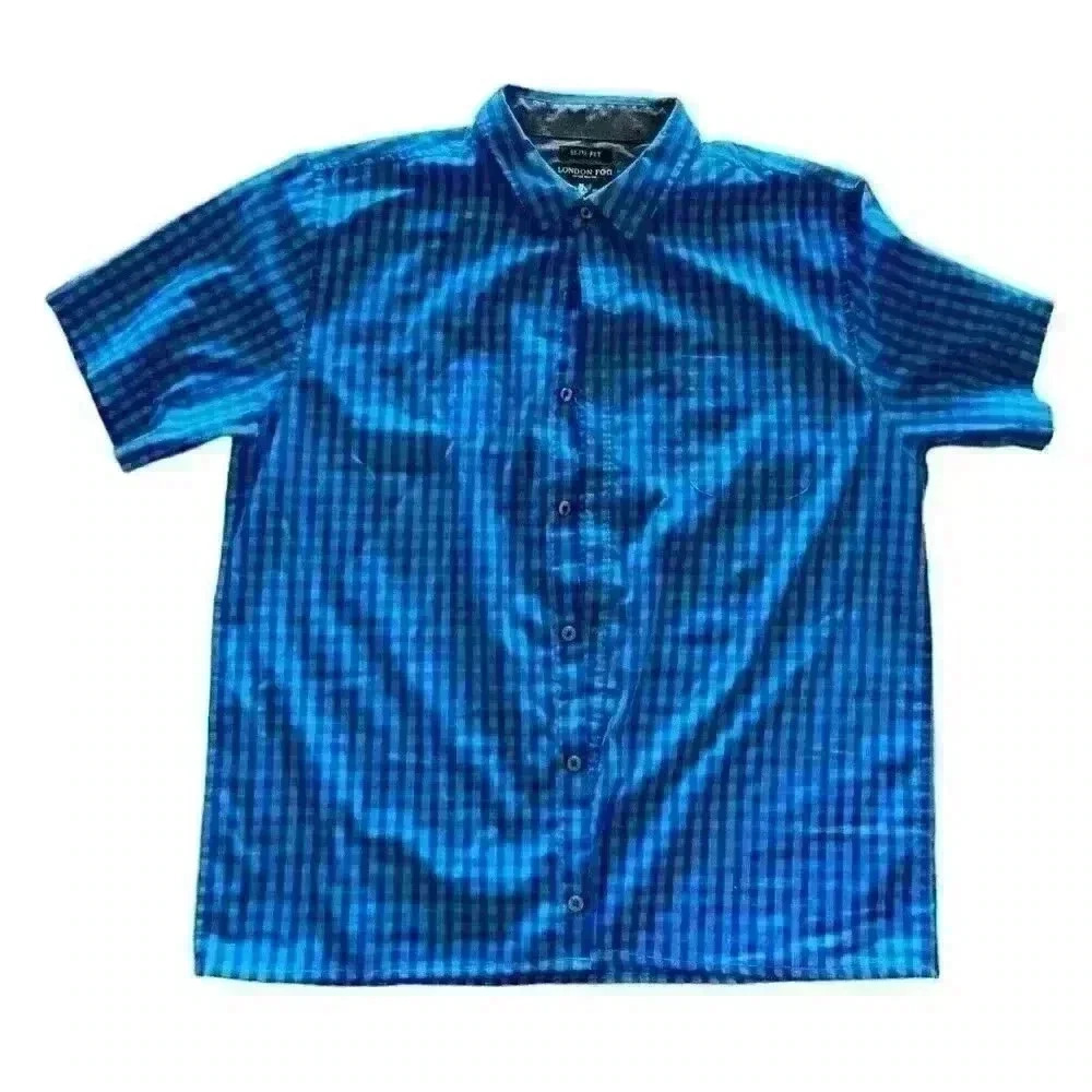 London Fog Men's Button Down Shirt Blue/Turquoise‎ Check Size XL Slim Fit
